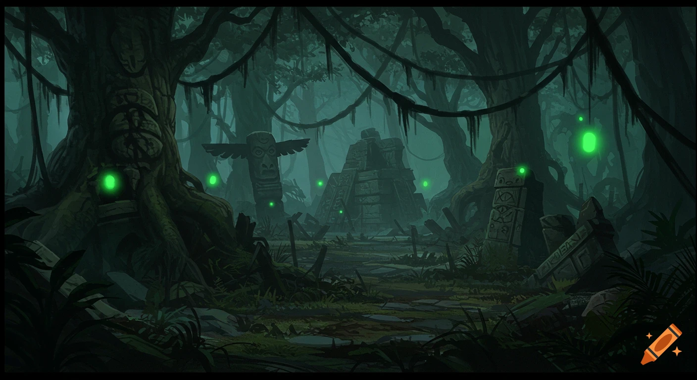 Dark, misty jungle ruins with ancient structures, a totem pole, and glowing green orbs, in a stylized game art style.