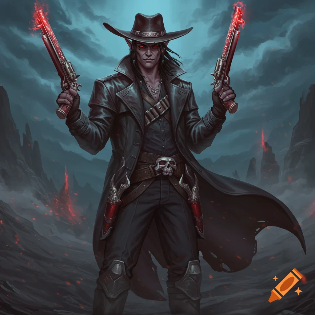 A dark fantasy half-elf warlock in a trench coat, cowboy hat, and red glowing eyes, holding two glowing pistols in a desolate landscape.