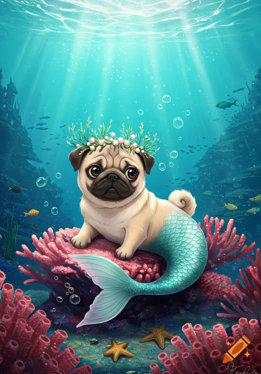Cartoon pug mermaid with a seaweed crown sits on red coral underwater, surrounded by fish and bubbles.