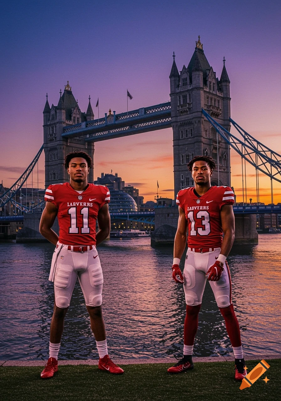 Two football players in red jerseys stand on grass in front of London's Tower Bridge at sunset.