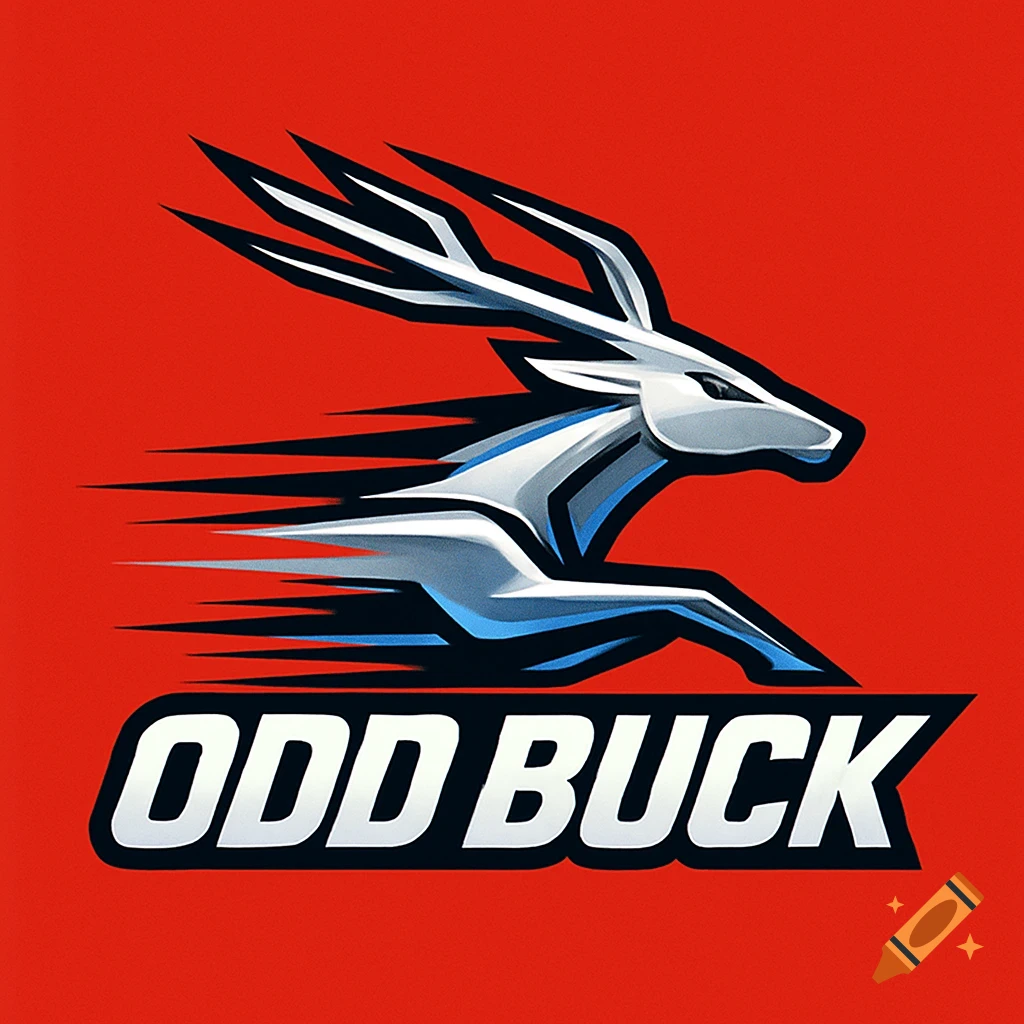 Sleek, stylized white and blue deer logo with speed lines on a red background, featuring the text 'ODD BUCK' below.