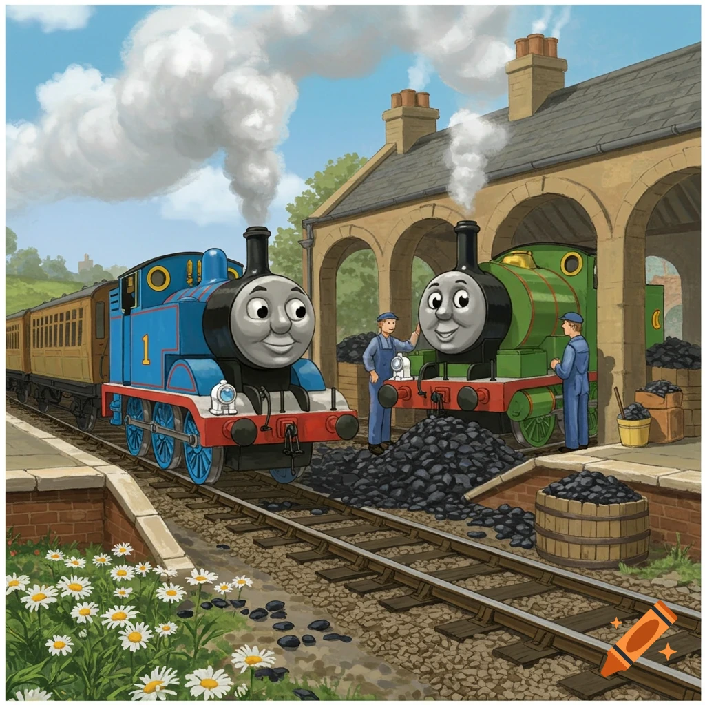 Thomas the Tank Engine and Percy the Small Engine get coal at a train station coal stand, with workers nearby, in a bright cartoon style.