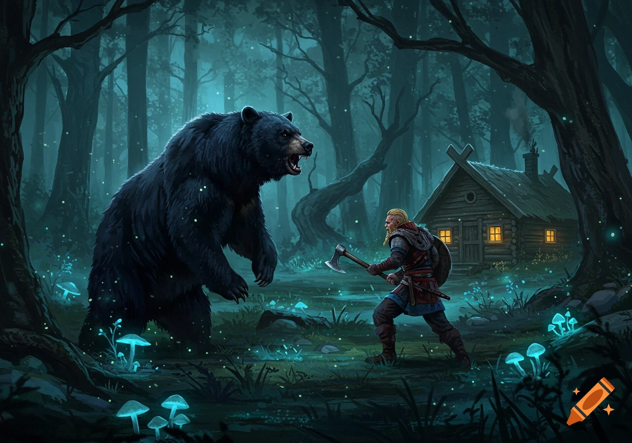 A Viking warrior with an axe confronts a roaring black bear in a dark enchanted forest with glowing mushrooms and a distant cabin.