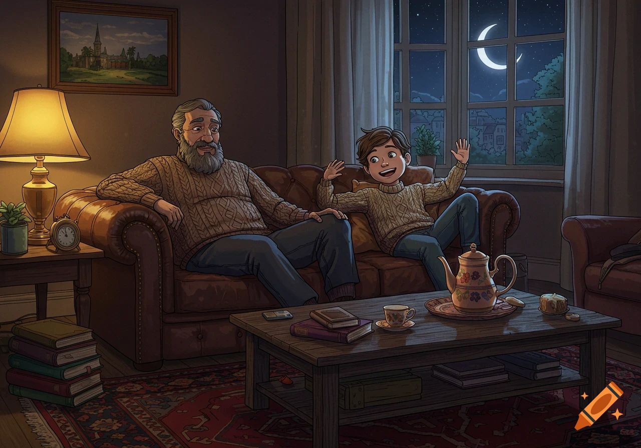 An old man and a young boy sit on a couch in a cozy, dimly lit living room with a large moon visible through the window at night. Illustration style.