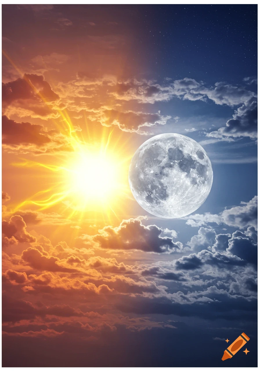 Bright sun and full moon in a divided sky, with orange clouds on the sun's side and dark blue clouds on the moon's side.