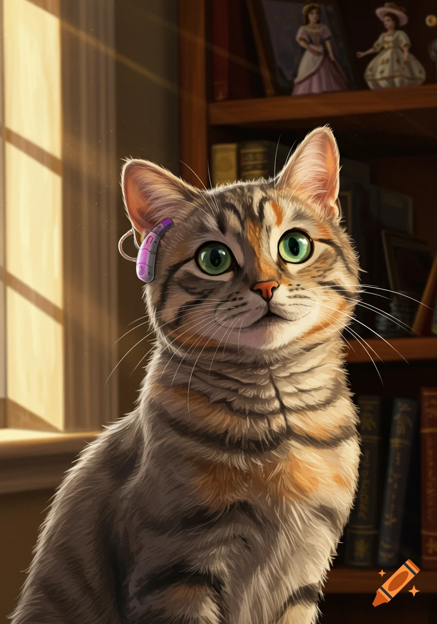 A tabby cat with bright green eyes and a purple hearing aid sits in front of a sunlit window and a bookshelf in a digital art style.