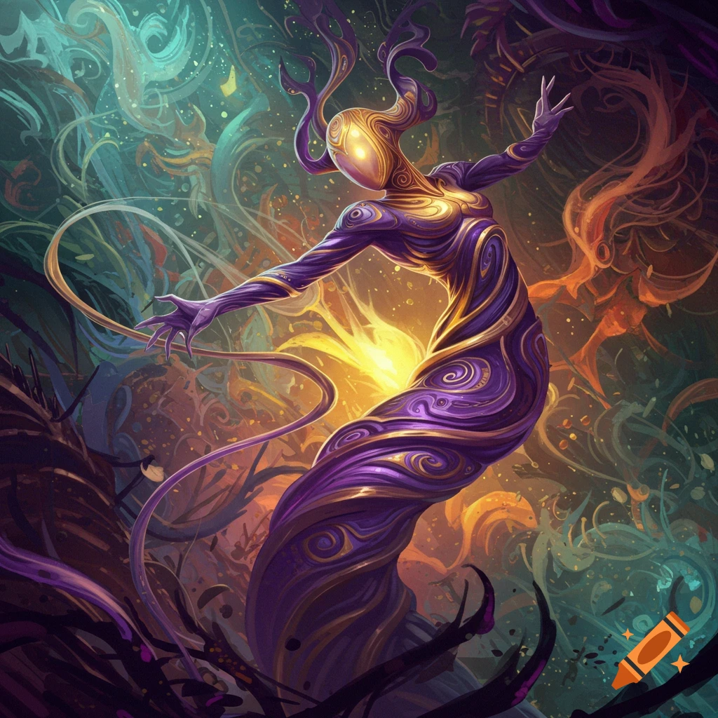 An abstract, ethereal figure of swirling purple and gold patterns with horns and glowing elements, surrounded by vibrant tendrils in a dynamic fantasy art style.