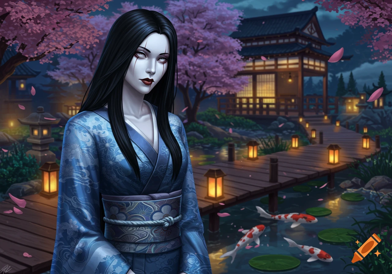 A pale-skinned woman with long black hair and sanpaku eyes, dressed in a blue kimono, stands in a twilight Japanese garden with cherry blossoms, lanterns, a pond with koi fish, and a traditional house in the background. Digital art style.