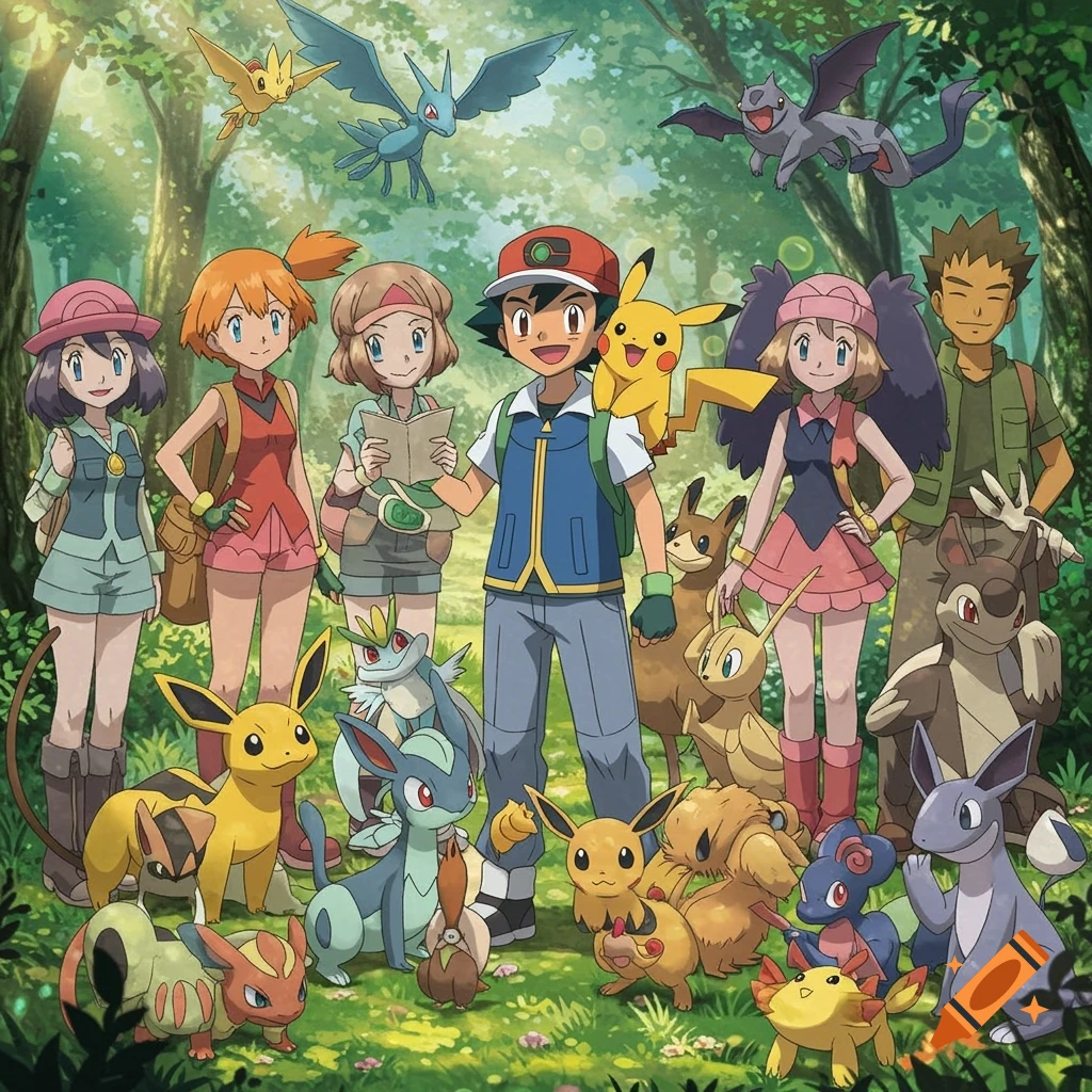 Ash Ketchum, his companions, and many Pokémon including Pikachu and Eeveelutions, gather in a lush anime forest.