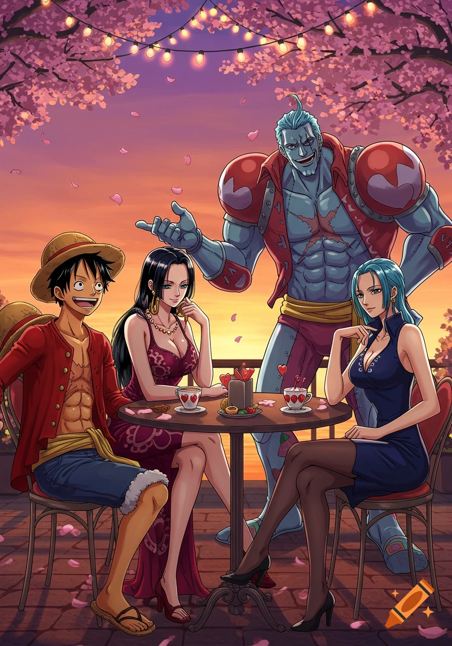 Luffy, Hancock, Franky, and Robin from One Piece on an outdoor double date at sunset under cherry blossoms, anime style.