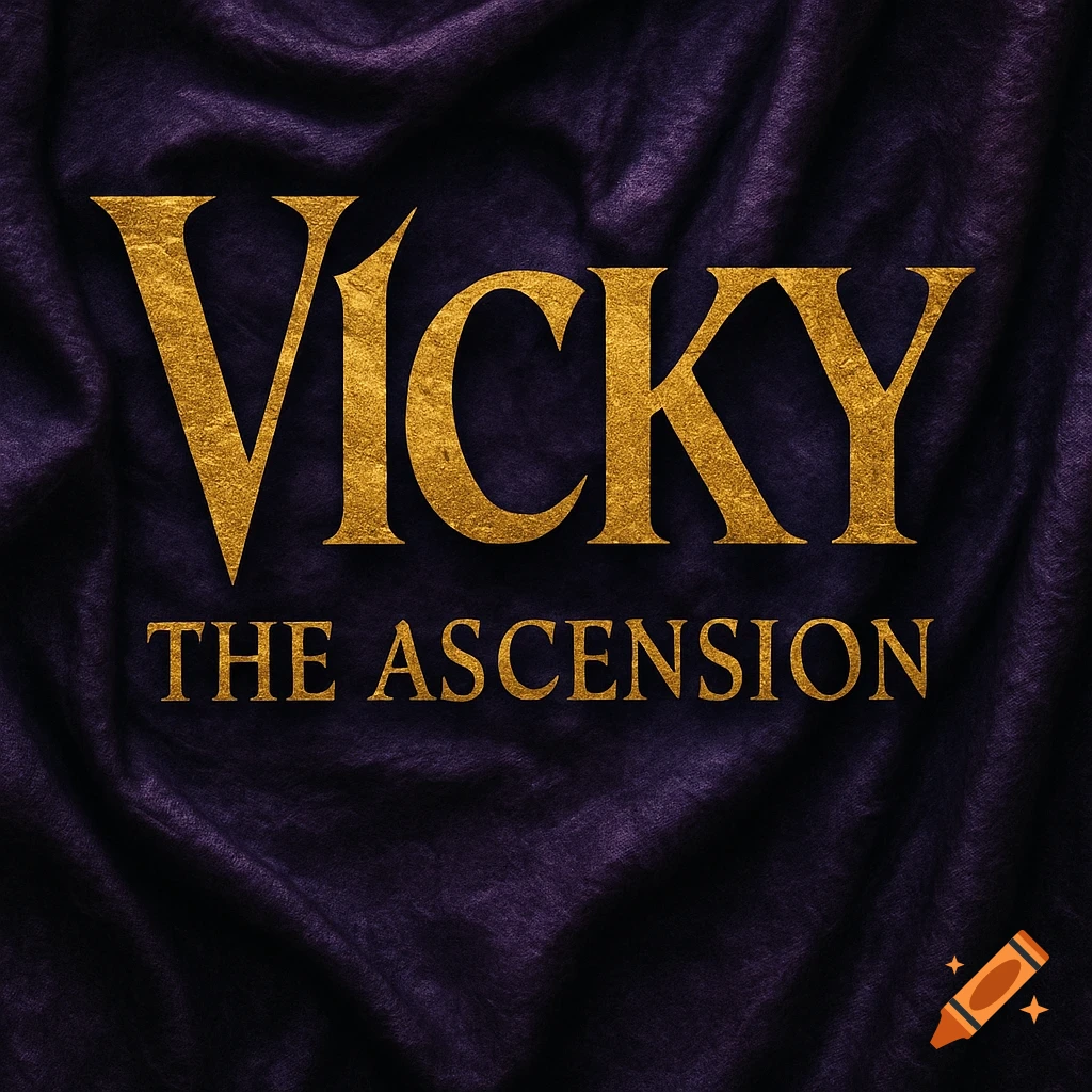 Golden text 'VICKY THE ASCENSION' on a textured, wrinkled purple fabric background.