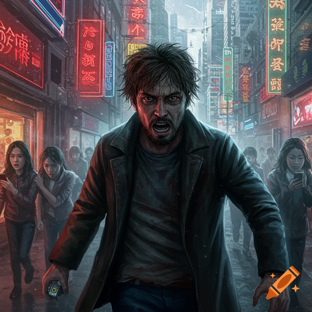 A disheveled, angry man with blood on his shirt yells in a neon-lit, rainy cyberpunk city street as scared people look on.