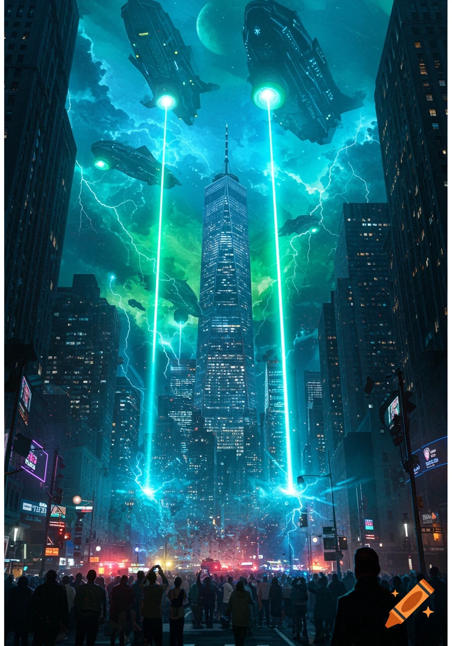 Futuristic alien invasion over a neon-lit city at night, with spaceships beaming energy onto skyscrapers and a crowd watching below.