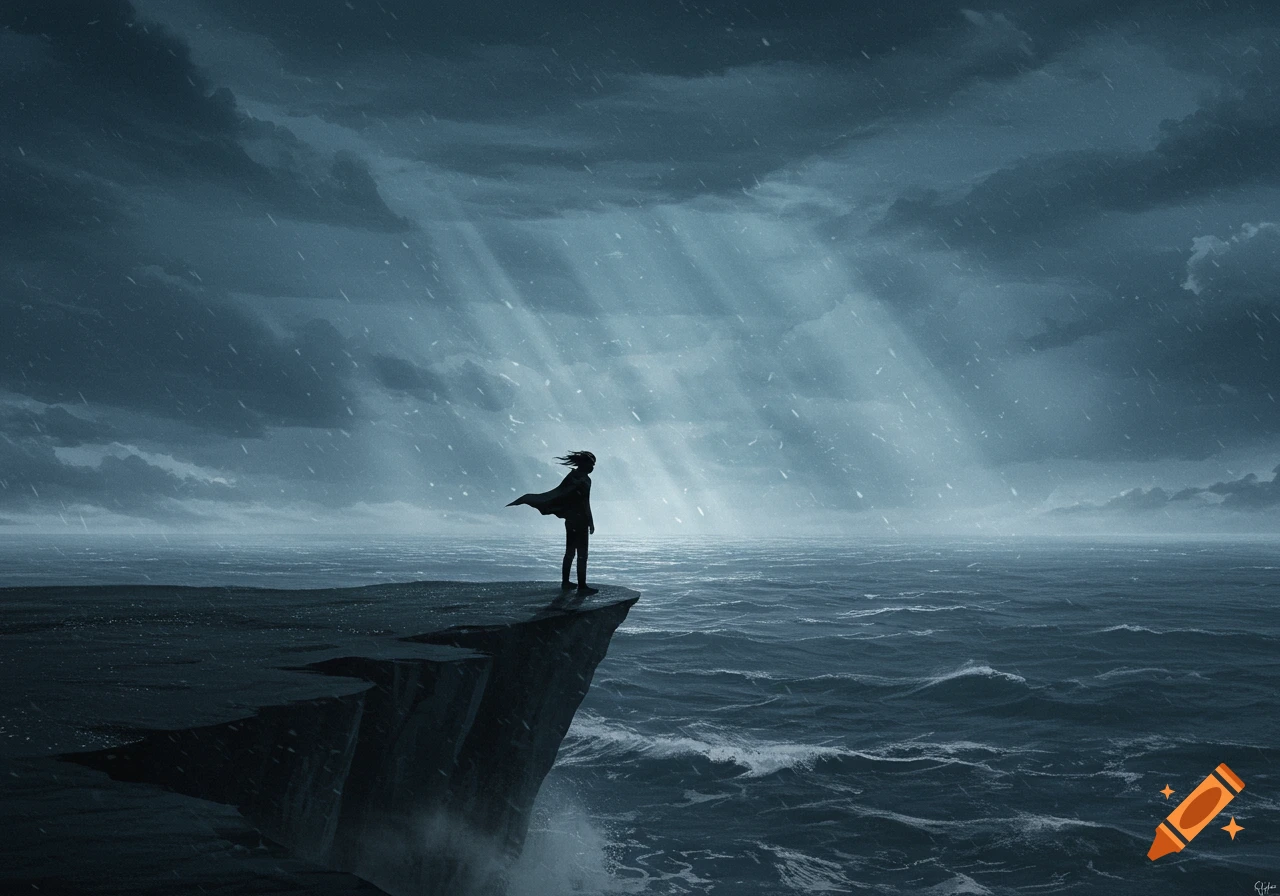 A lone figure in silhouette stands on a cliff edge, overlooking a vast, turbulent sea under a dramatic, rainy sky with light rays.