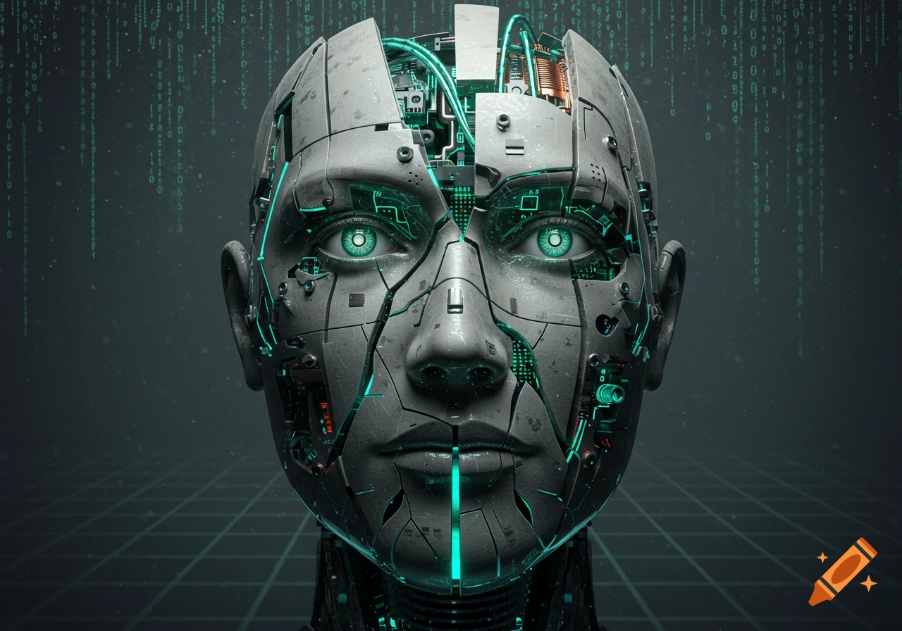 Detailed cyborg head with exposed mechanisms, glowing green eyes, and a background of falling binary code and a grid.