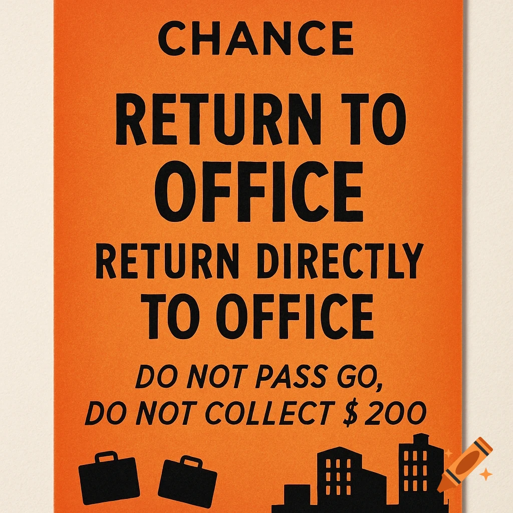 An orange Monopoly-style 'Chance' card with black text reading 'RETURN TO OFFICE RETURN DIRECTLY TO OFFICE. DO NOT PASS GO, DO NOT COLLECT $200.'