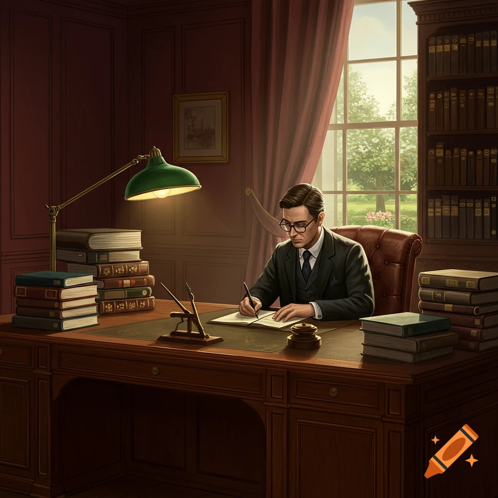 A man in a suit and glasses sits at a grand wooden desk in a study, writing with a pen, surrounded by stacks of books and a green desk lamp.