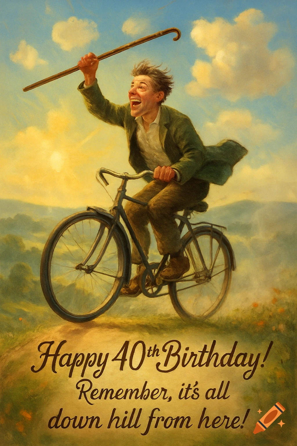 A joyful man rides a bicycle downhill in a sunny, painted landscape. Text says 'Happy 40th Birthday! Remember, it's all down hill from here!'