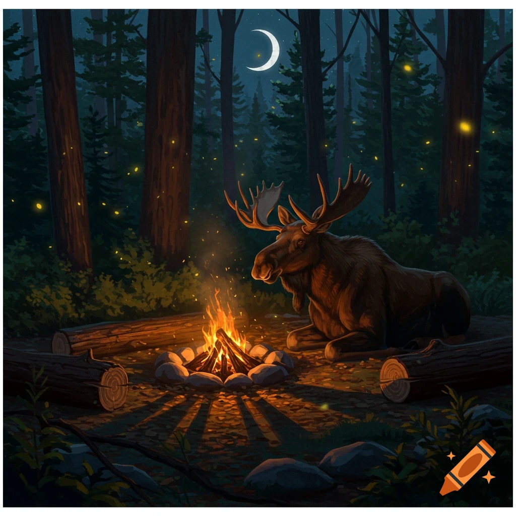 A stylized illustration of a moose sitting by a crackling campfire in a dark forest under a crescent moon, with glowing fireflies.