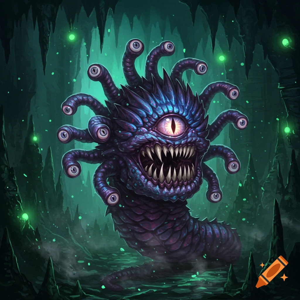 A detailed purple and blue scale-like beholder monster with many eye stalks and a fanged mouth, glowing in a dark cave.