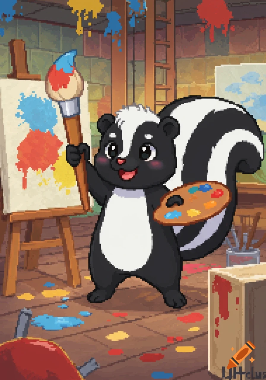 A cute cartoon pixel art skunk holds a paintbrush and a painter's palette, standing in a room with paint splatters.