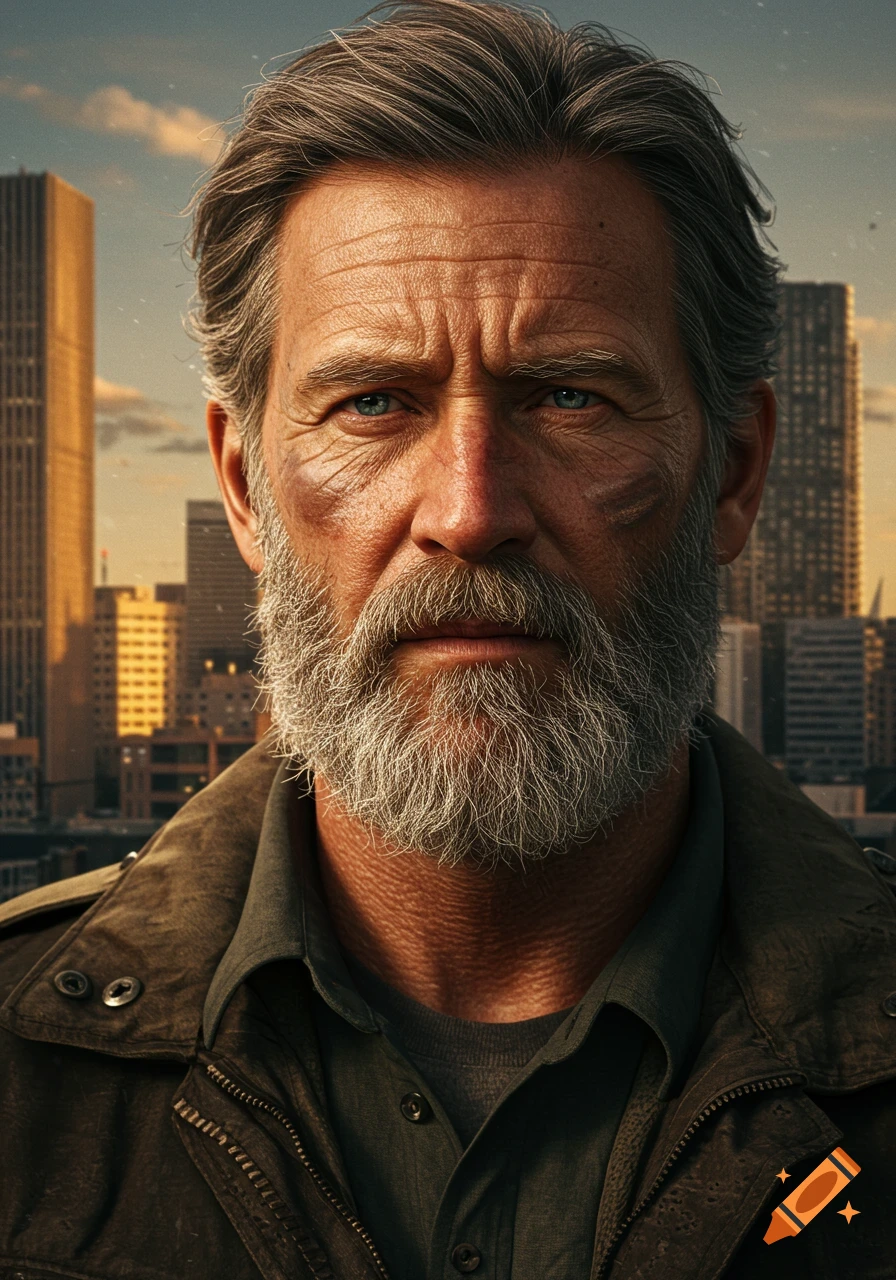 A highly detailed, photorealistic close-up portrait of an older man with gray hair and a beard, wearing a brown jacket, set against a blurred city skyline at sunset.