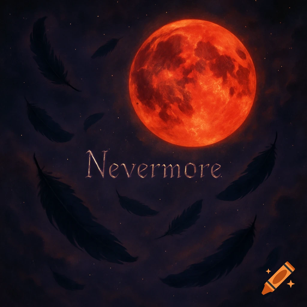 A dark night sky with a large, glowing red blood moon and dark feathers falling. The word 'Nevermore' is written below the moon.