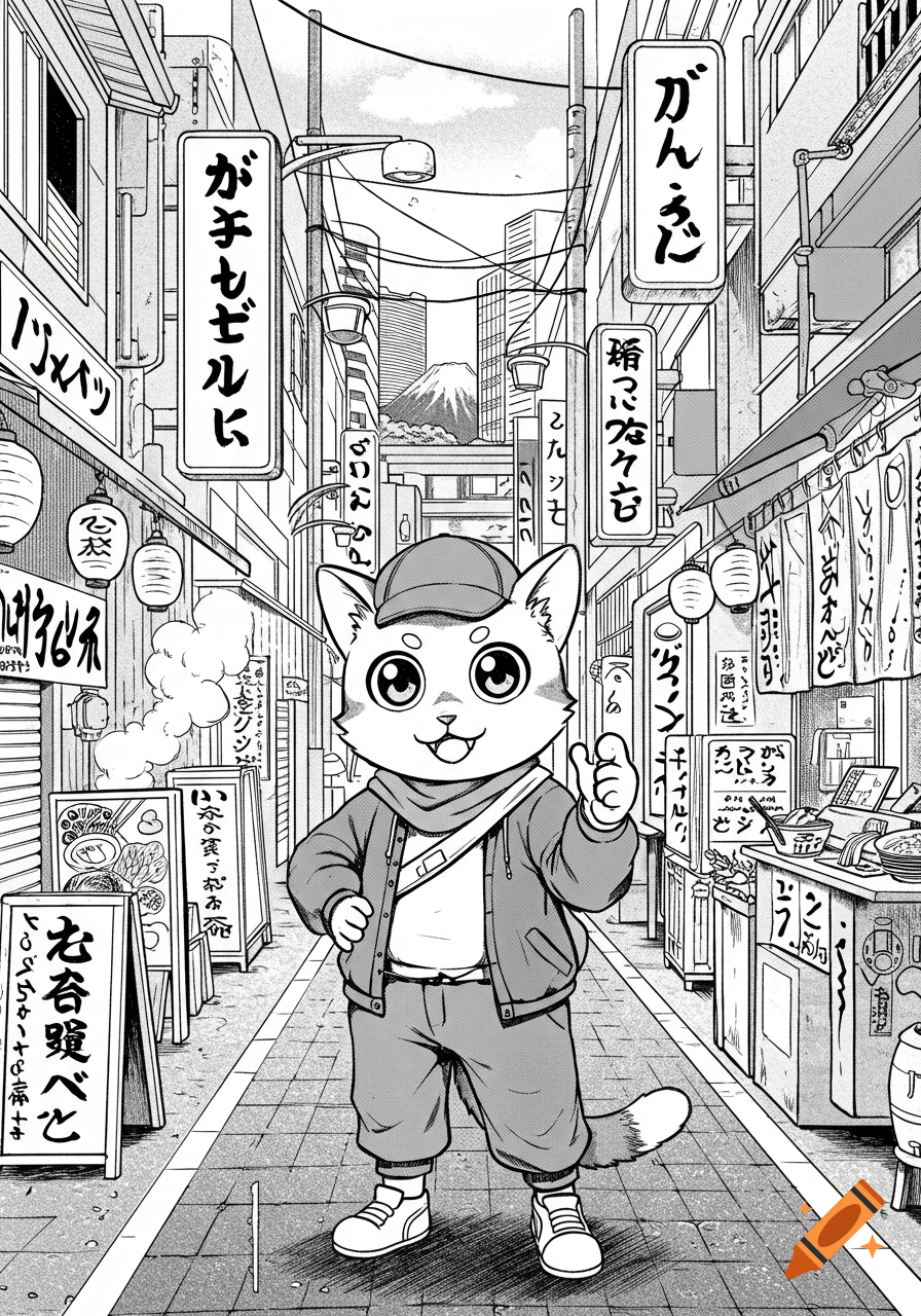 A black and white manga illustration of a cute cat giving a thumbs-up in a bustling Japanese street with shops and Mount Fuji in the background.