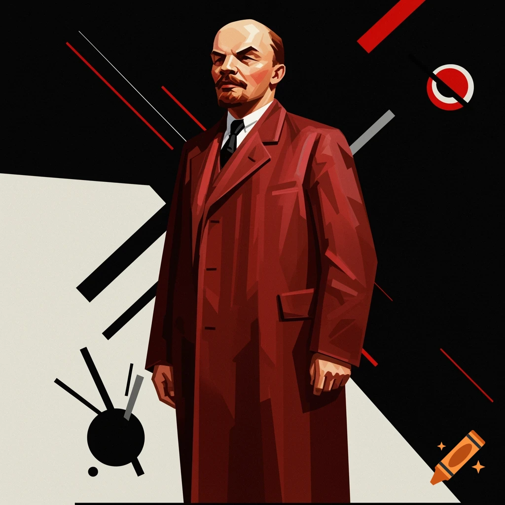 Stylized portrait of Vladimir Lenin in a red coat against an abstract geometric background.
