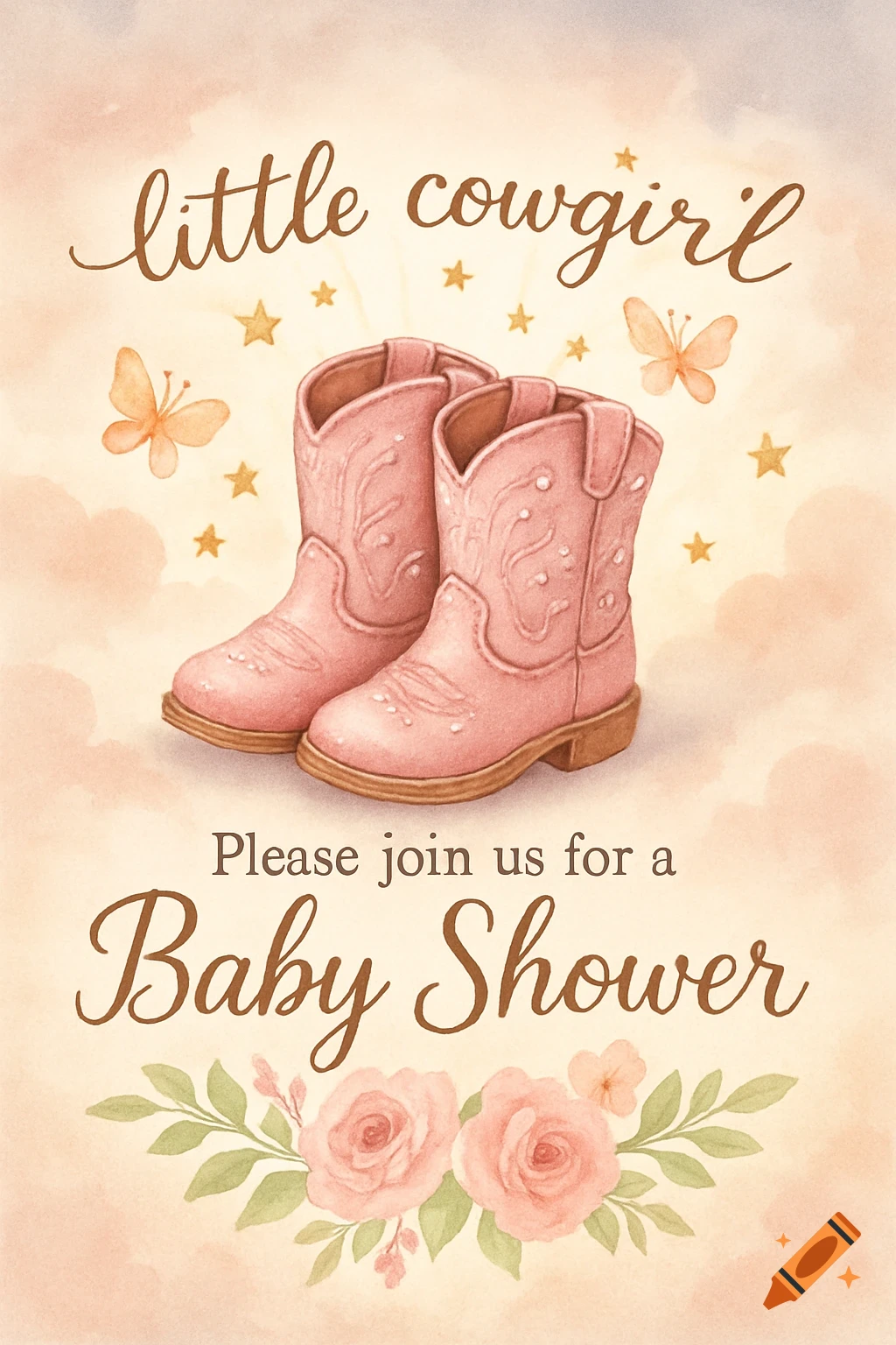 Watercolor baby shower invitation with pink cowboy boots, butterflies, stars, and flowers. Text: little cowgirl, Please join us for a Baby Shower.