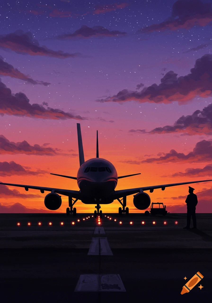 Digital illustration of an airplane on a runway at sunset, with a person and vehicle in silhouette against a vibrant sky.