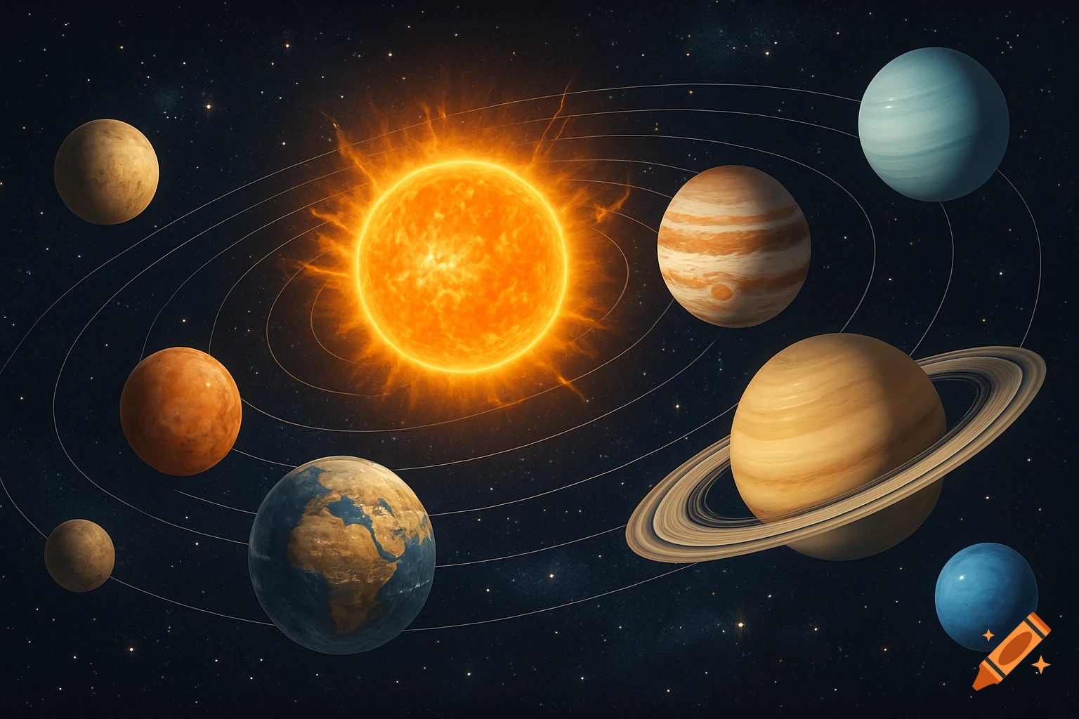 Stylized illustration of the solar system showing the Sun, planets including Earth and Saturn with rings, and orbits against a starry space background.