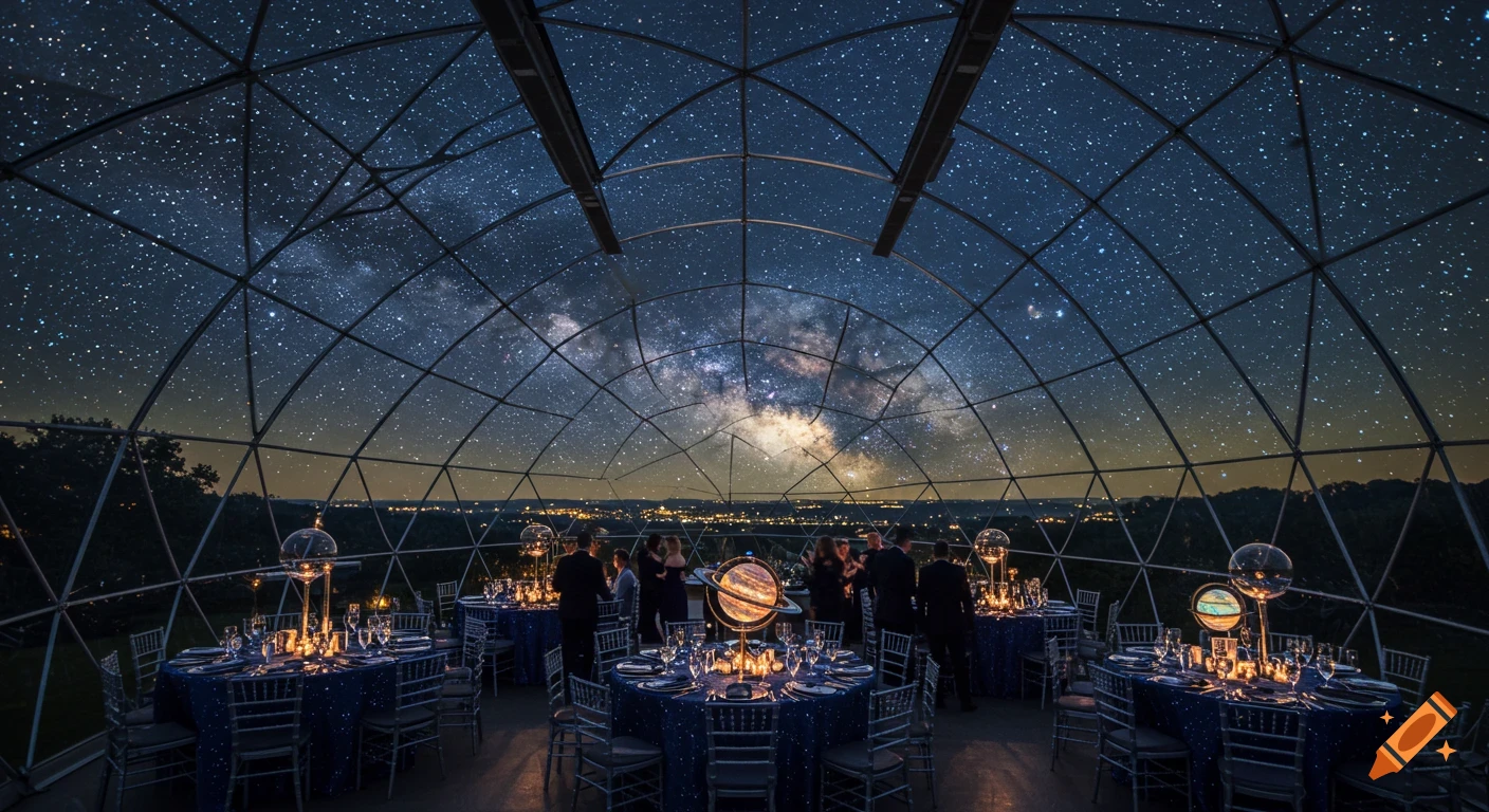A luxurious celestial-themed dinner party inside a geodesic dome at night, with the Milky Way galaxy overhead.