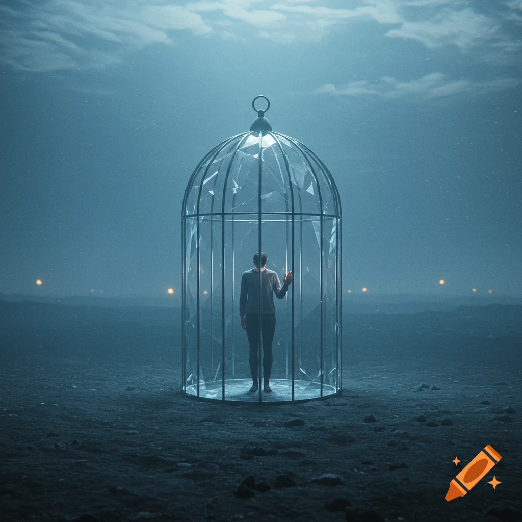 A person stands sadly in a large, ornate glass cage in a desolate, misty landscape under a cloudy sky.