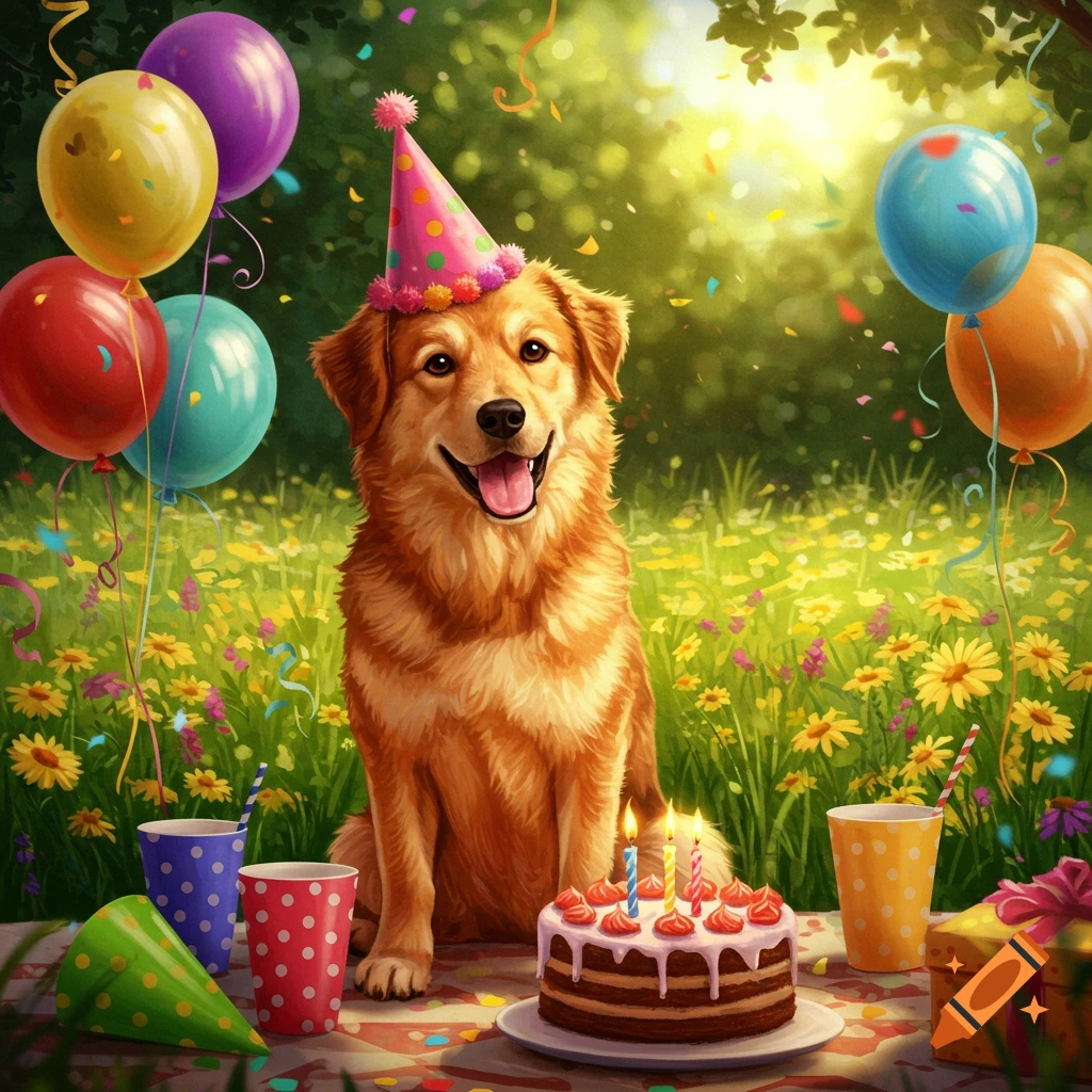 Happy golden dog wearing a party hat, sitting in a sunny flower field with balloons, birthday cake, and confetti.