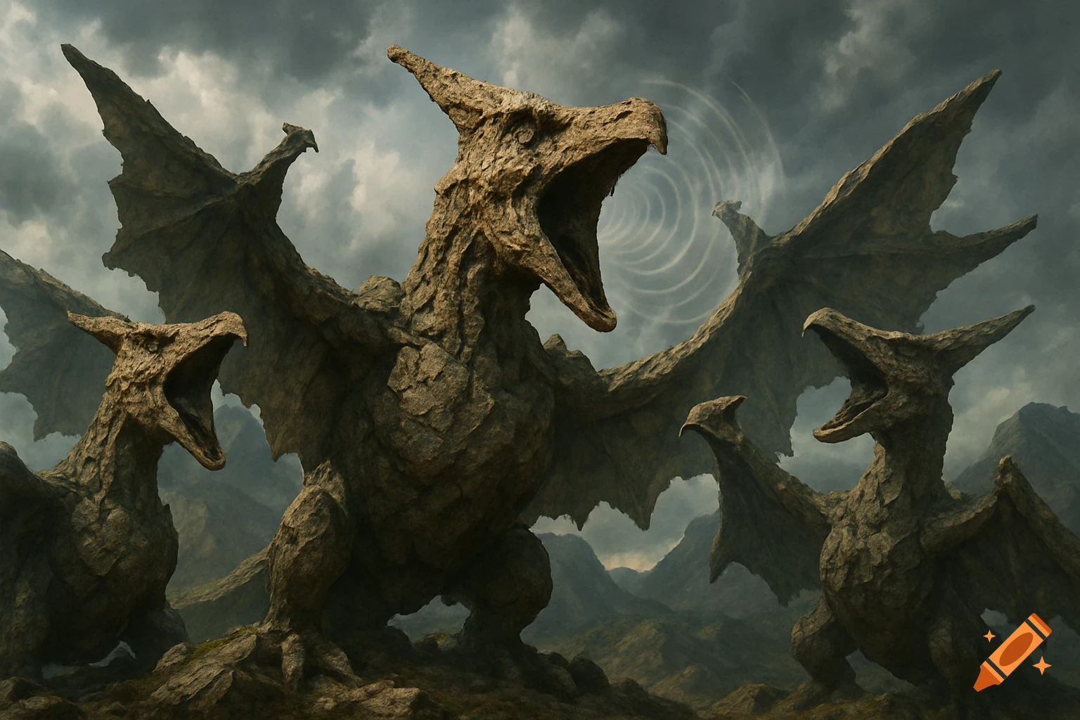Three colossal rock-pterodactyl monsters roaring in a stormy, mountainous landscape with a swirling vortex in the sky.
