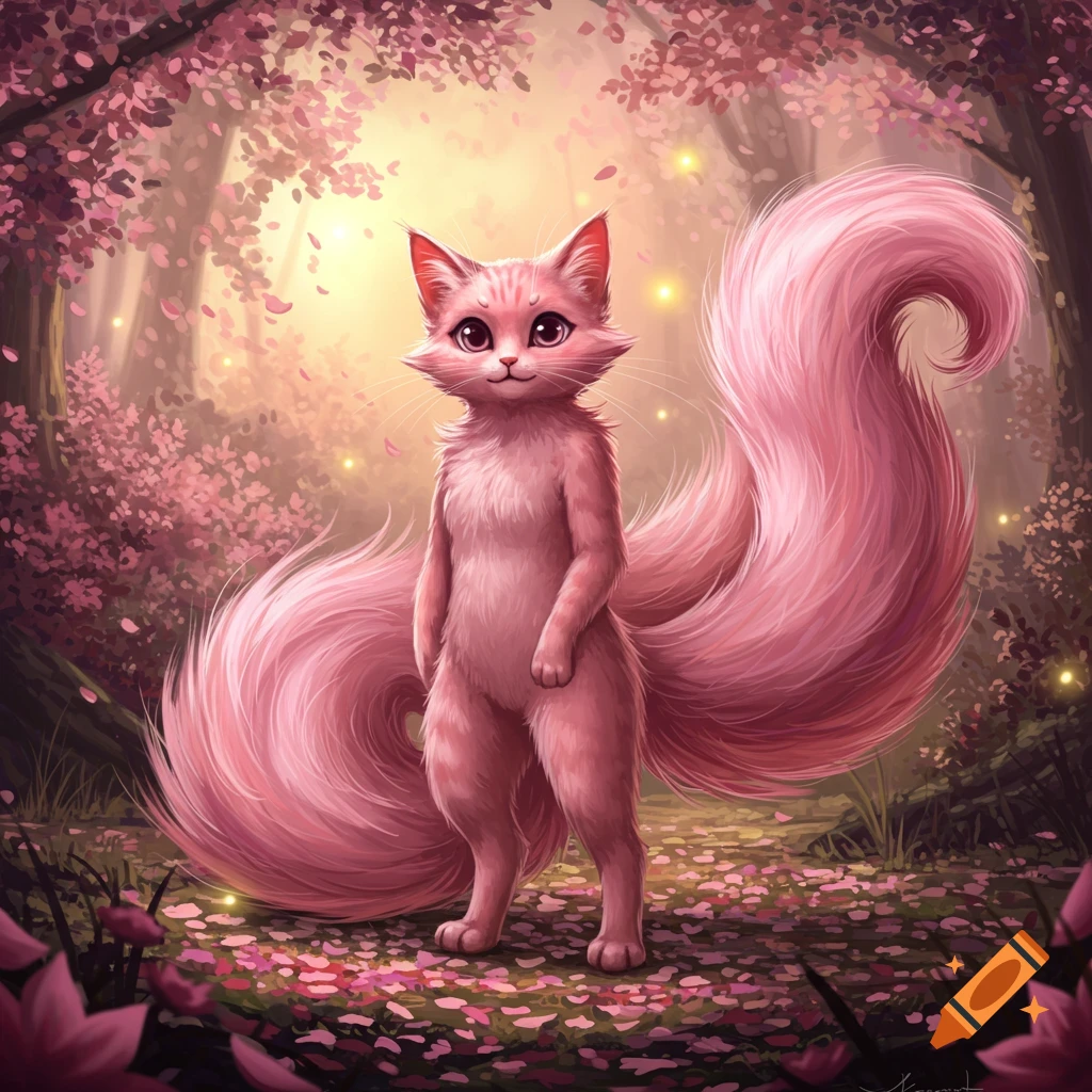 A cute pink cat furry with big eyes and a fluffy tail stands in an enchanting pink forest with glowing lights. Digital art.