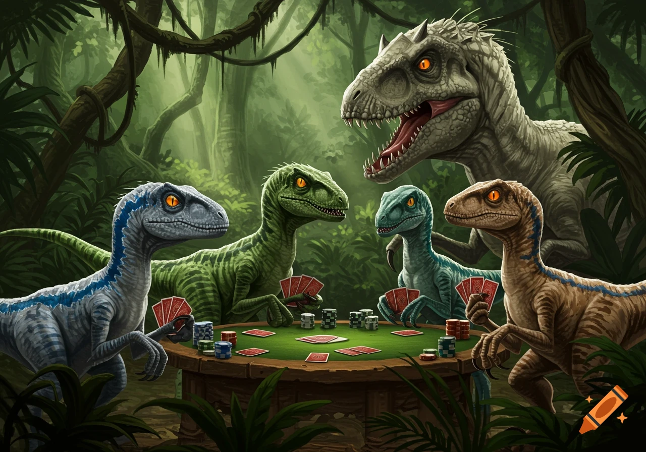 Five dinosaurs, including a large Indominus Rex and four raptors with distinct colorations, play poker at a table in a lush jungle.