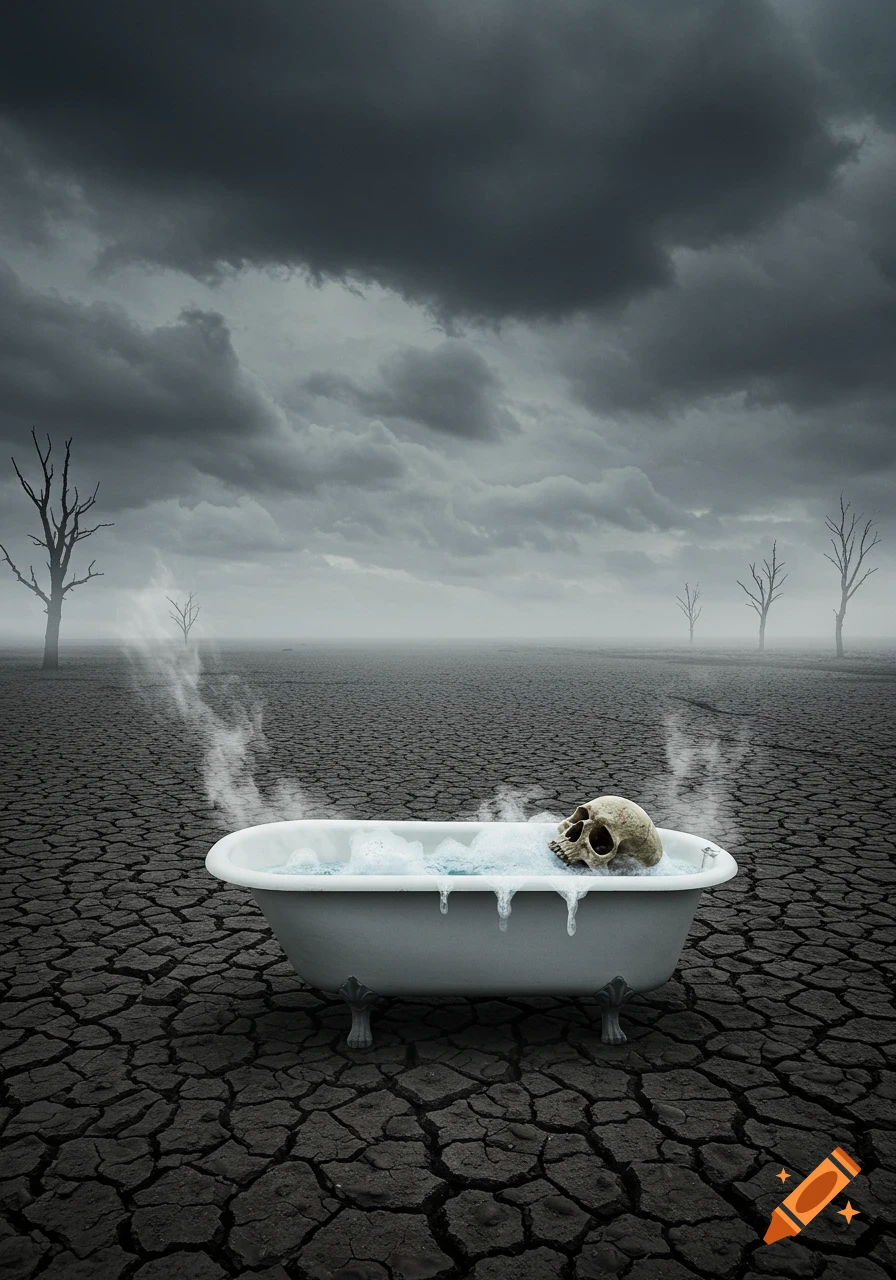 A skull in a steaming, foamy bathtub on cracked earth in a desolate landscape under a dark, cloudy sky with bare trees.