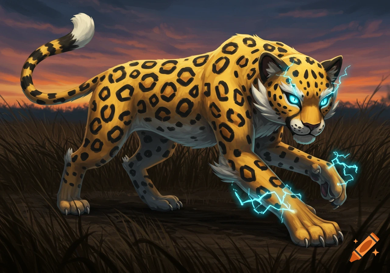 Stylized leopard creature with glowing blue eyes and electric sparks around its paws, standing in a grassy field at sunset in a digital art style.
