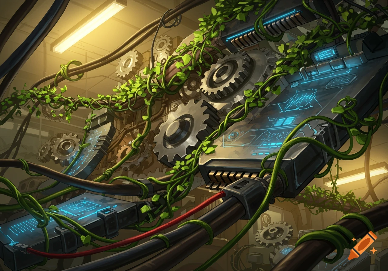 Vibrant green vines intertwine with intricate gears, wires, and glowing electronic panels in a surreal biopunk industrial setting.