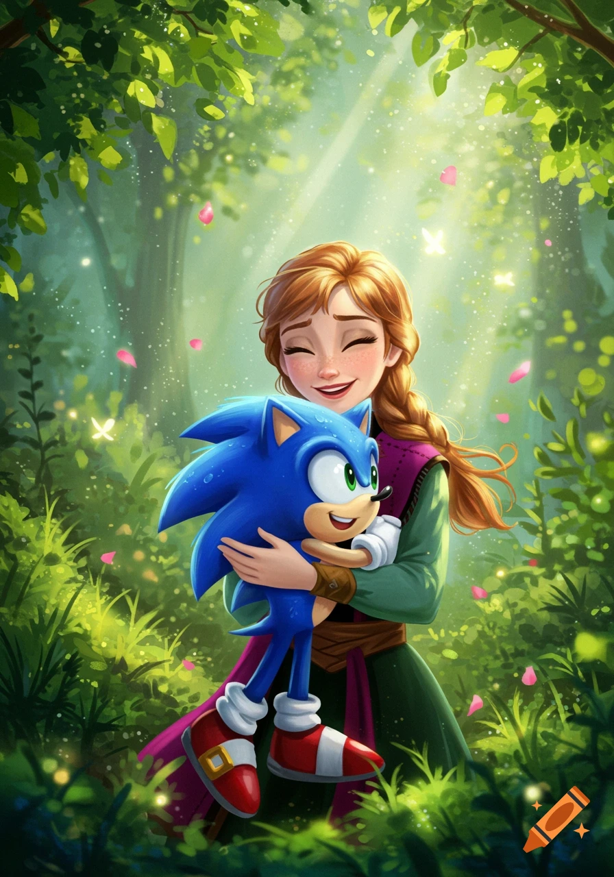 Anna from Frozen hugs Sonic the Hedgehog in a vibrant, magical forest with glowing light and pink petals.