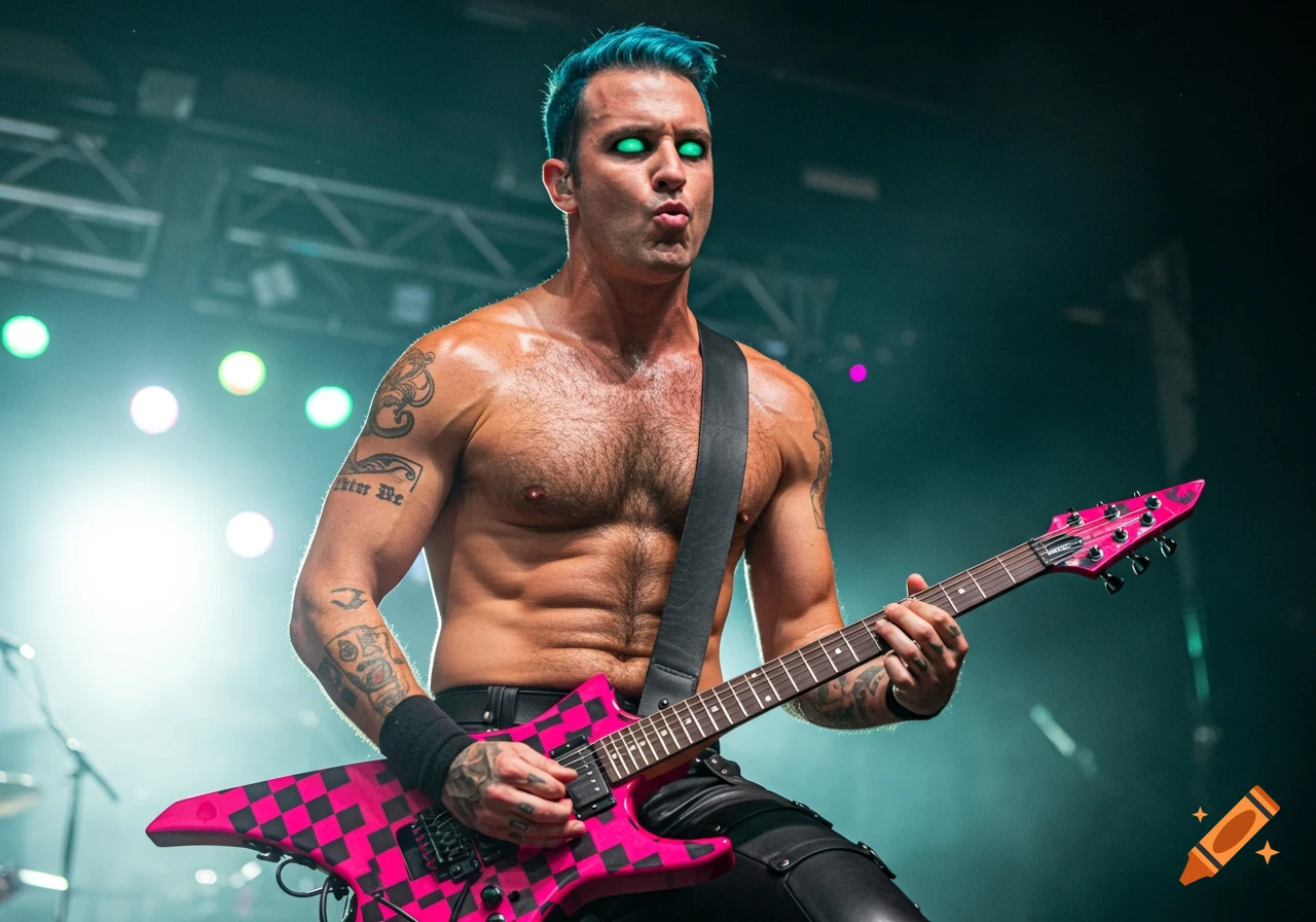 A shirtless metal guitarist with blue hair and glowing green eyes plays a pink and black checkered electric guitar on stage.