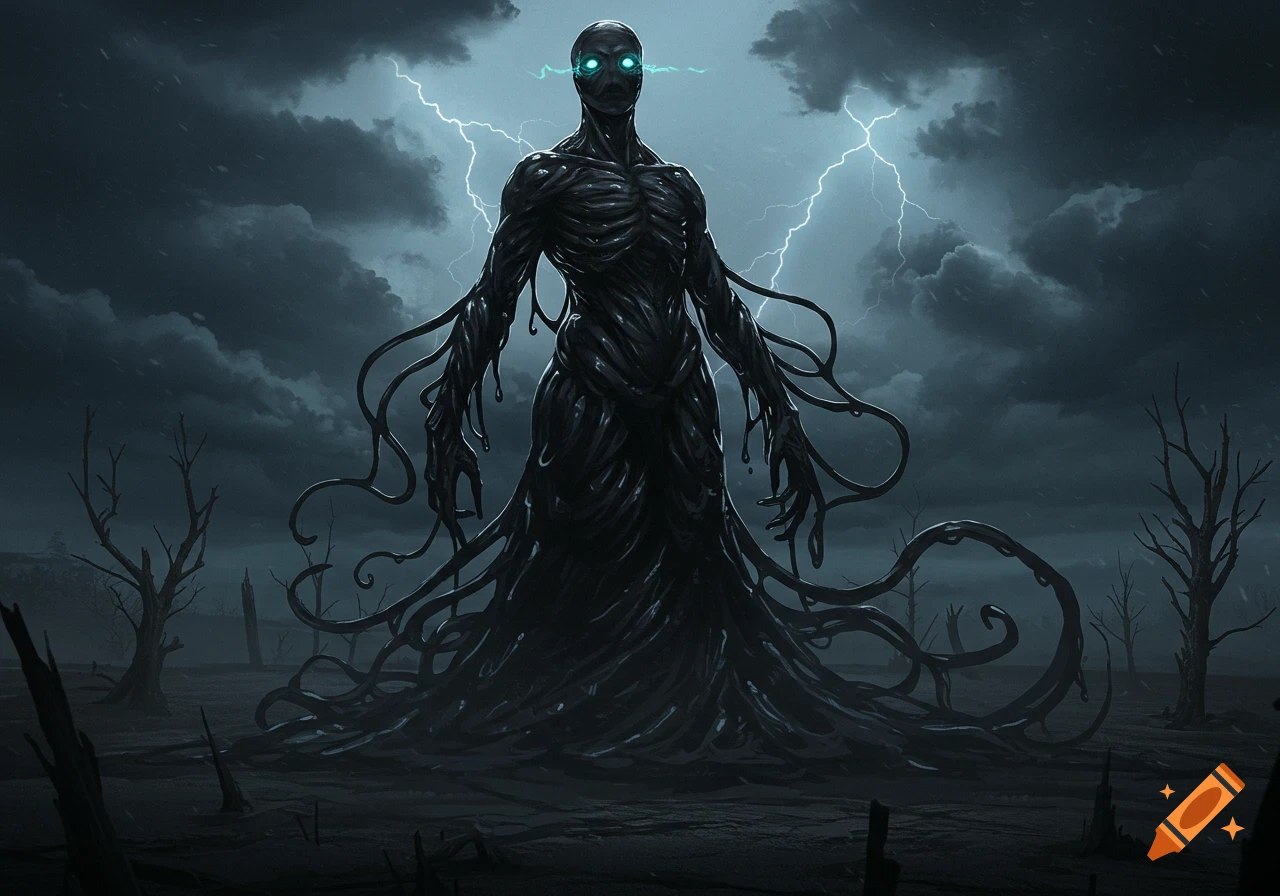 Towering black slime monster with glowing blue eyes under a stormy, lightning-filled sky in a barren landscape.