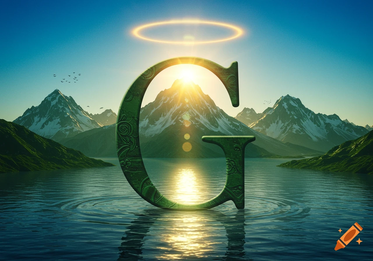 A majestic, textured green letter G emerges from a lake, with snow-capped mountains, a bright sunrise, and a golden halo above it.