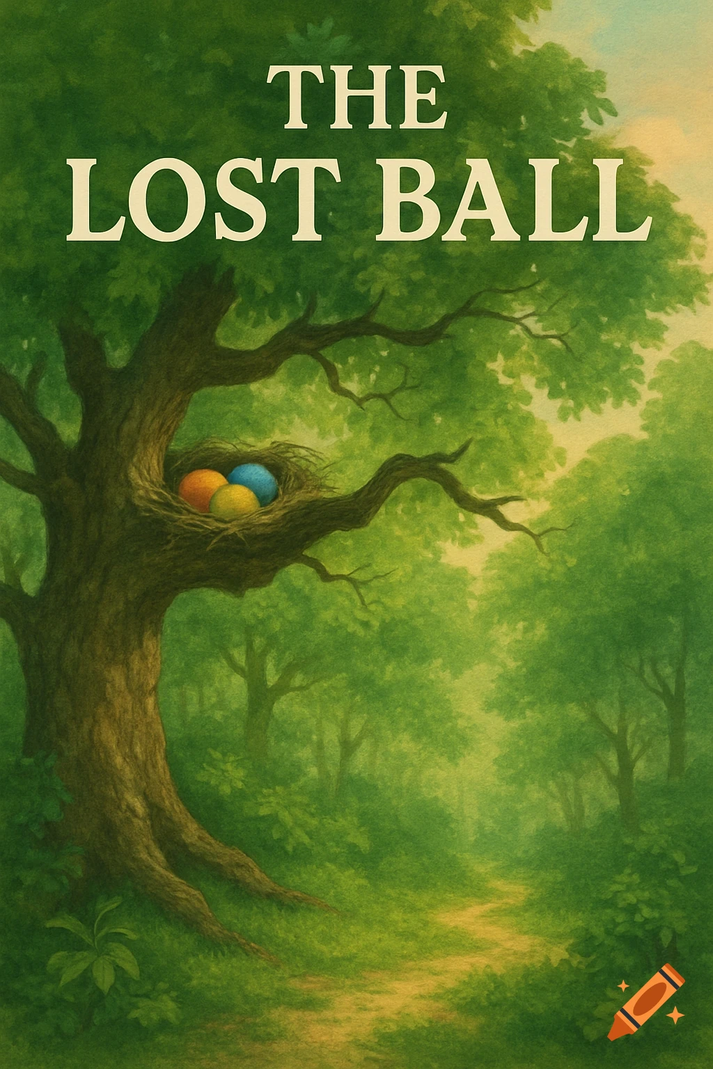 Painterly illustration of a lush green forest with a tree, a nest with colorful balls, and the title 'THE LOST BALL'.