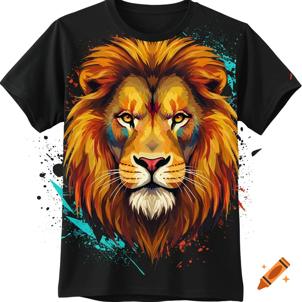Vibrant, stylized lion head with a colorful mane and paint splatters on a black t-shirt.