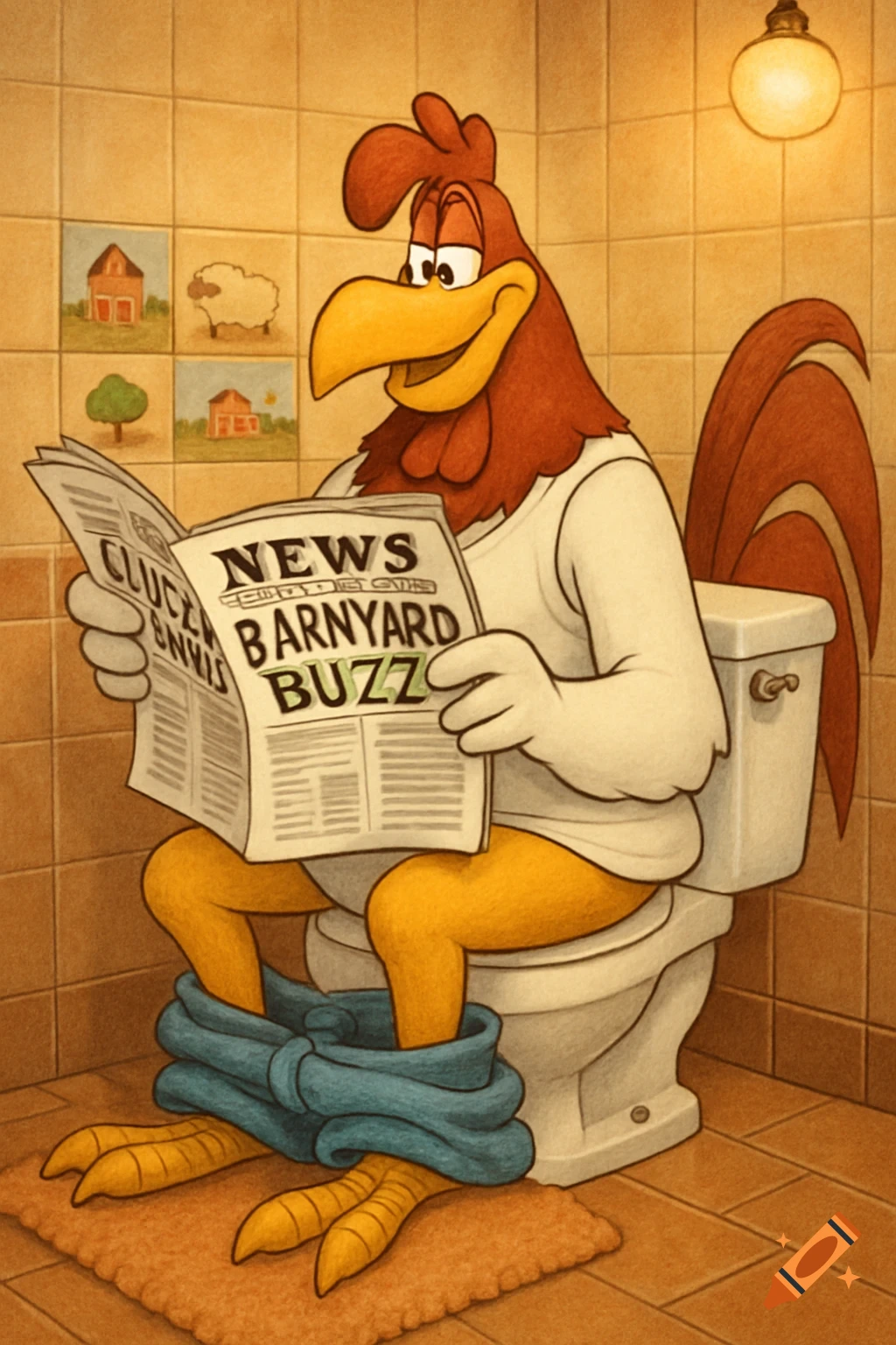 Foghorn Leghorn, a cartoon rooster, sits on a toilet reading a newspaper, his blue pants around his ankles. He wears a white tank top.