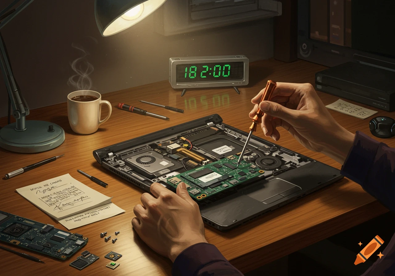 Close-up of hands repairing an open laptop on a wooden desk with tools, a steaming mug, and a digital clock.