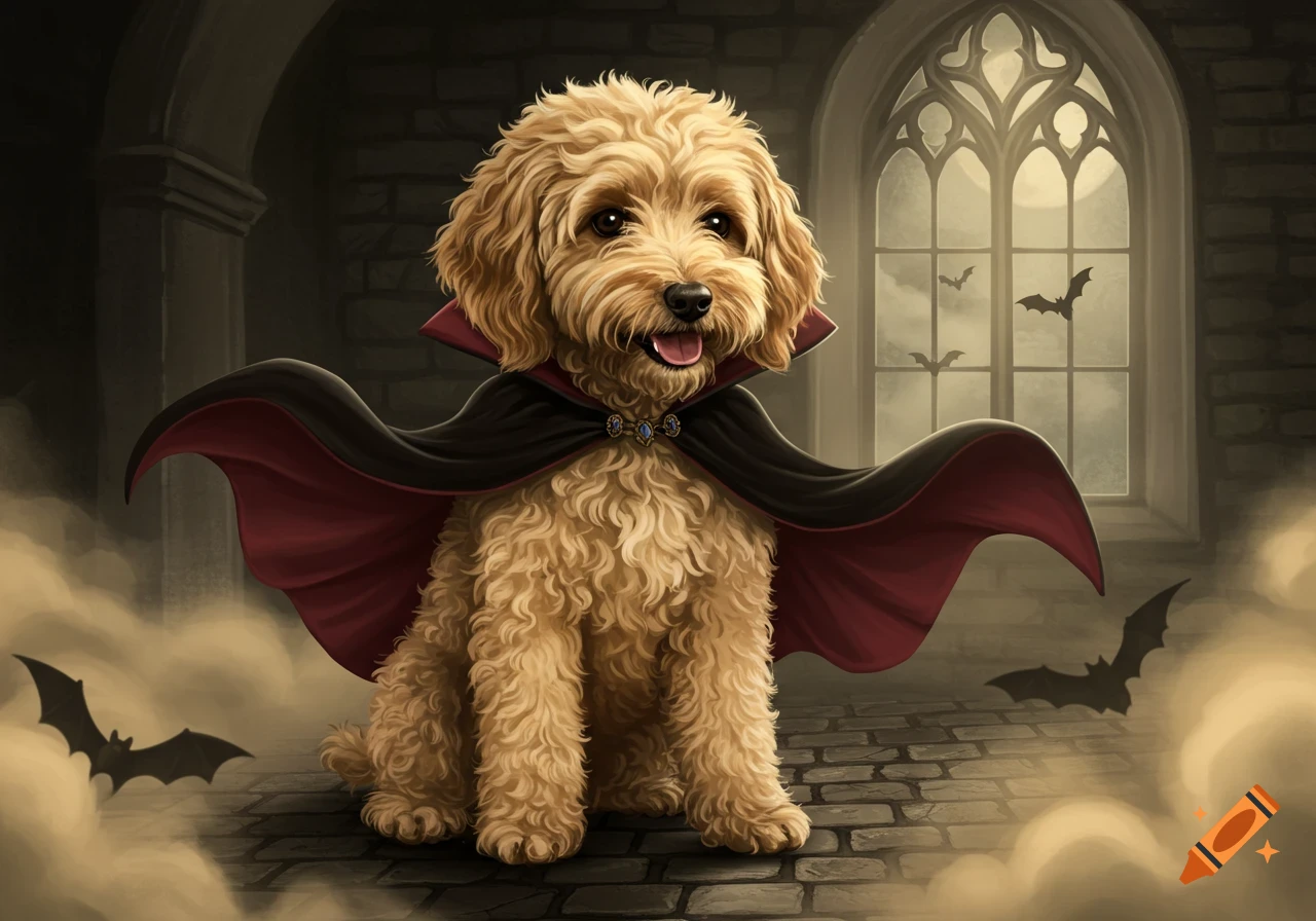 A cute golden doodle puppy dressed as a vampire with a black and red cape, sitting in a dark castle room with bats outside a gothic window.